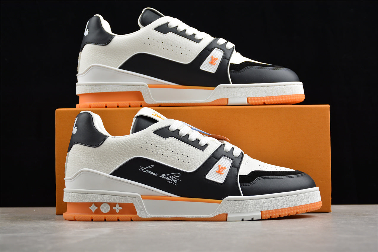 Louis Vuitton LV Trainer Sneaker Low – Black/White/Orange Italian Handmade Luxury)