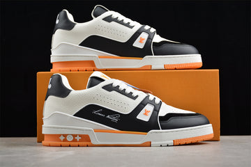 Louis Vuitton LV Trainer Sneaker Low – Black/White/Orange Italian Handmade Luxury)