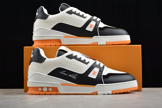 Louis Vuitton LV Trainer Sneaker Low – Black/White/Orange Italian Handmade Luxury)